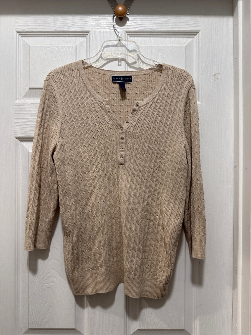 Karen Scott Tan Cable-Knit Henley Pullover